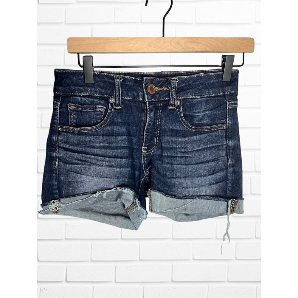 American Eagle Women's 2 Midi Rolled‎ Hem Jean Shorts Super Stretch Denim Café